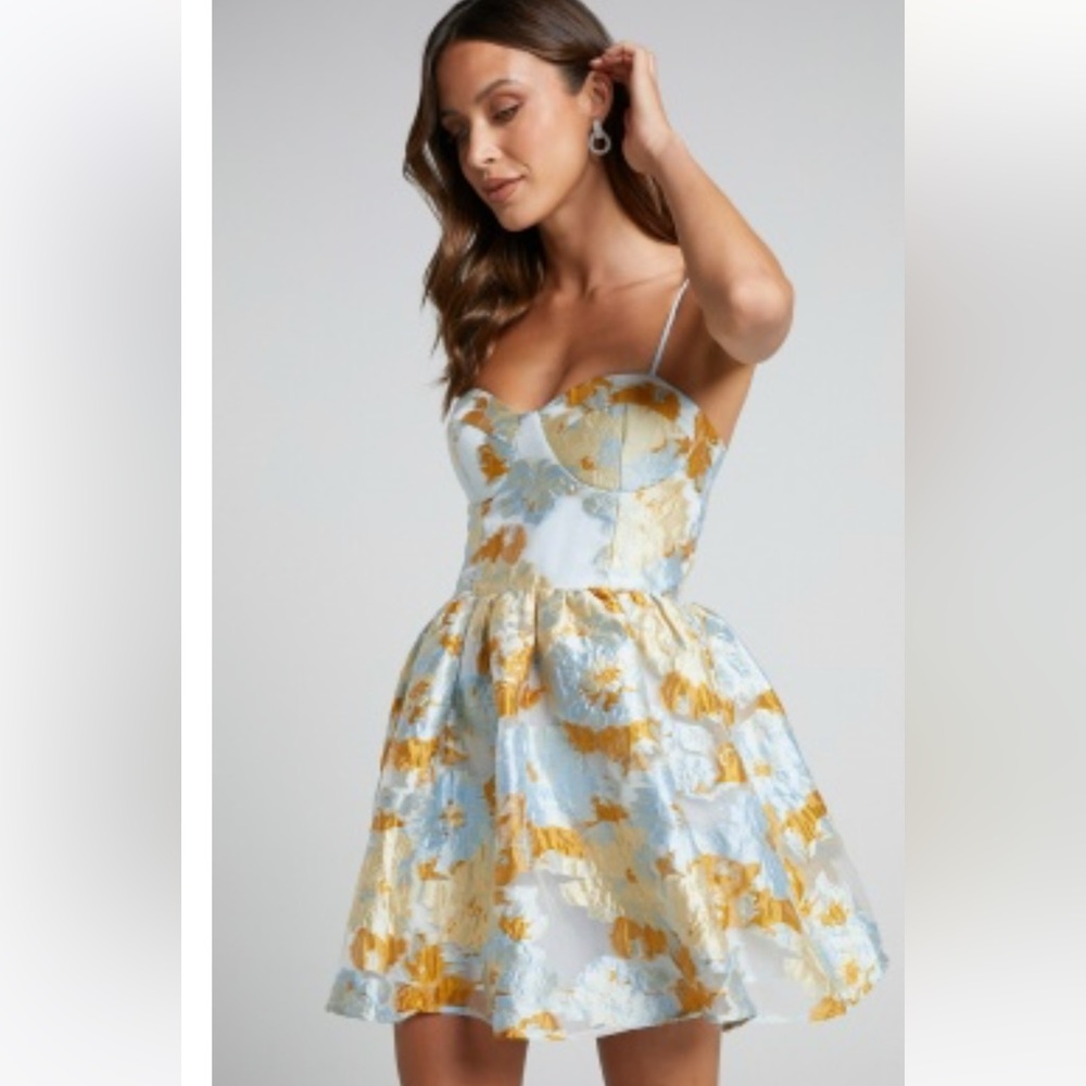BRAILEY MINI DRESS - SWEETHEART BUSTIER DRESS IN BLUE JACQUARD